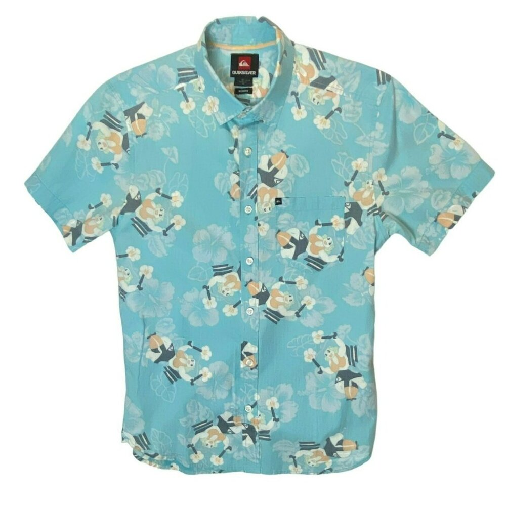 Quicksilver Mens XS Hawaiian shirt Gun Mama Print Modern Fit Retro 40s style